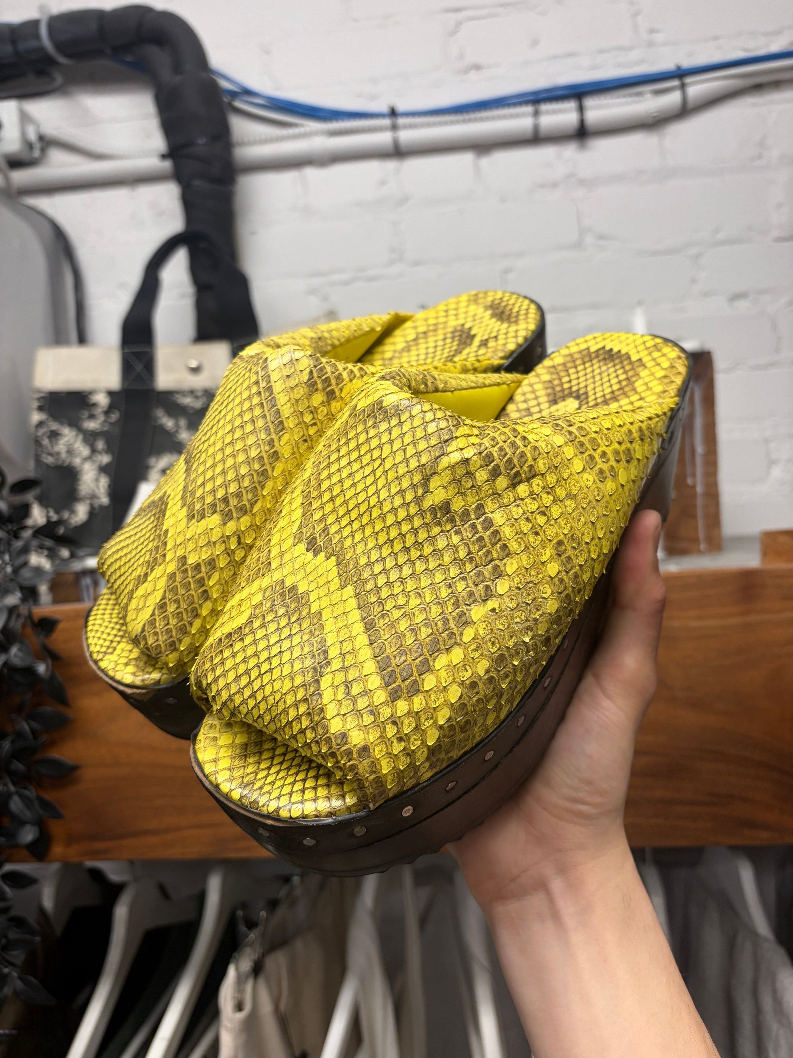 Rick Owens SS2023 Rick Owens ‘Edfu’ Yellow Python Leather Platform Wood Block Sole Sandals Size US 7.5 / IT 37.5 - 1 Thumbnail