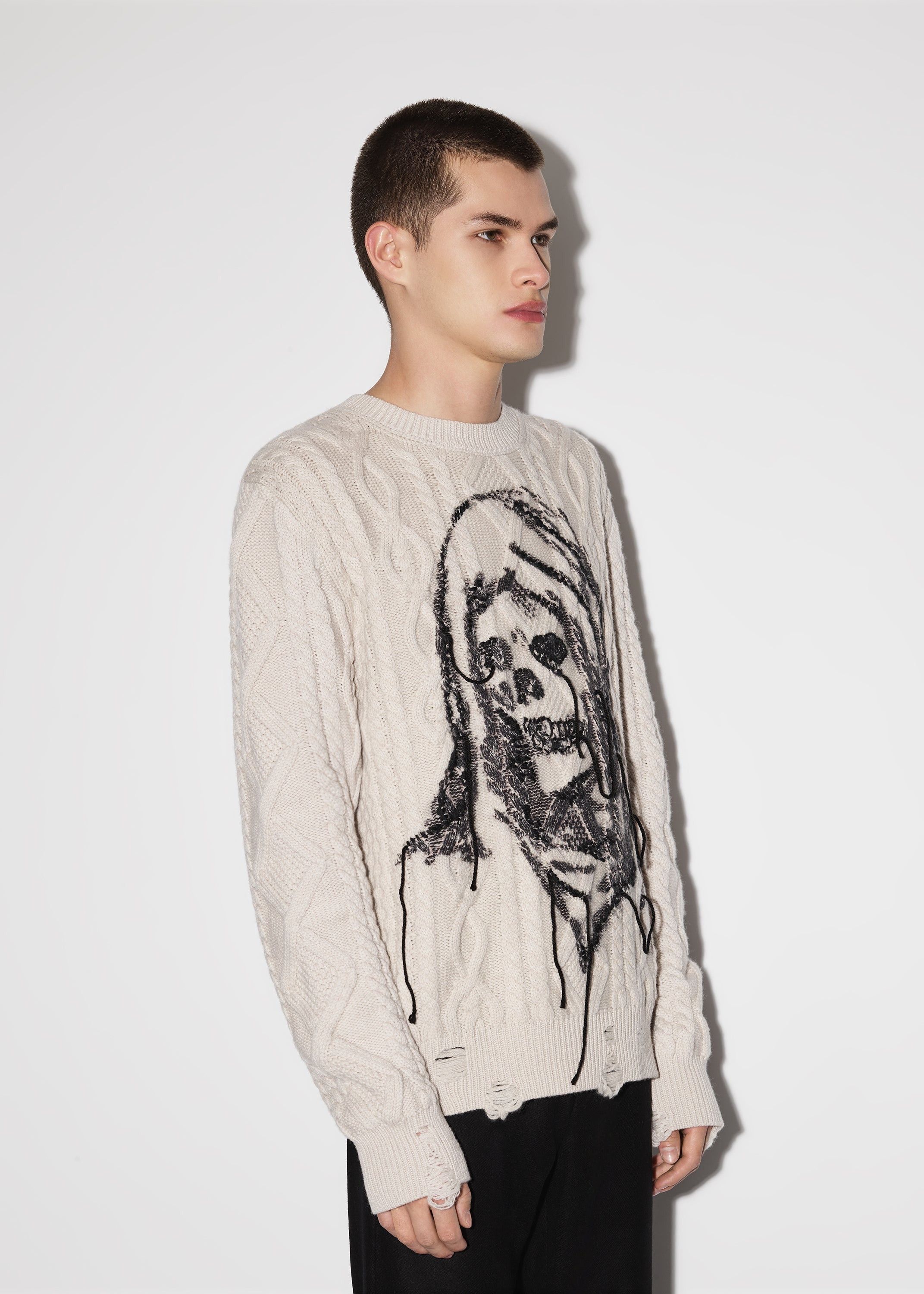 Amiri × Wes Lang o1w1db11224 Cable Reaper Crew Sweater in Beige Size US M / EU 48-50 / 2 - 3 Thumbnail