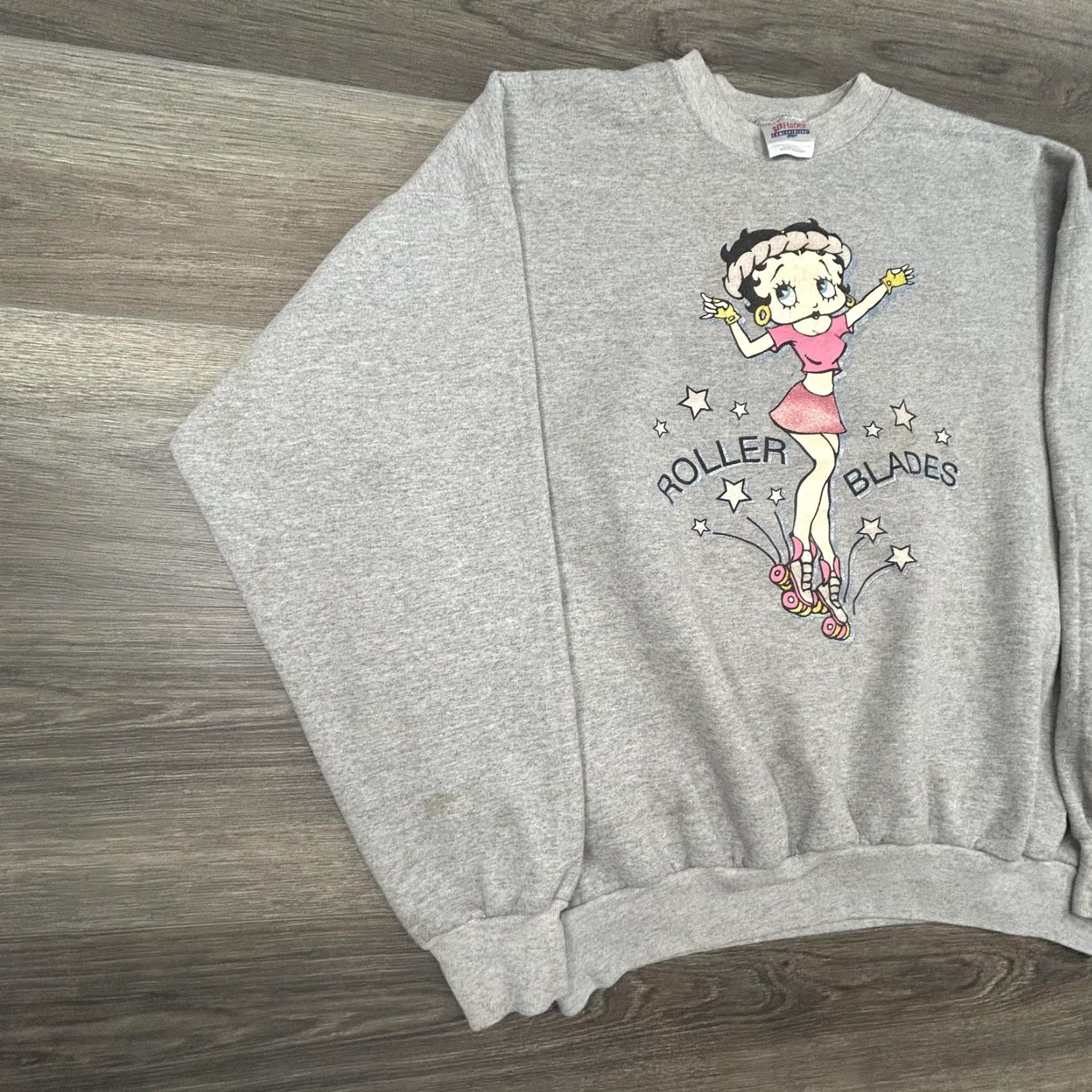 Hanes Vintage Betty Boop Roller Blades Sweatshirt Men XL Gray Glitter Graphic 90s Hanes Crew Neck Pullover Fleece Cotton Blend Size US XL / EU 56 / 4 - 3 Thumbnail