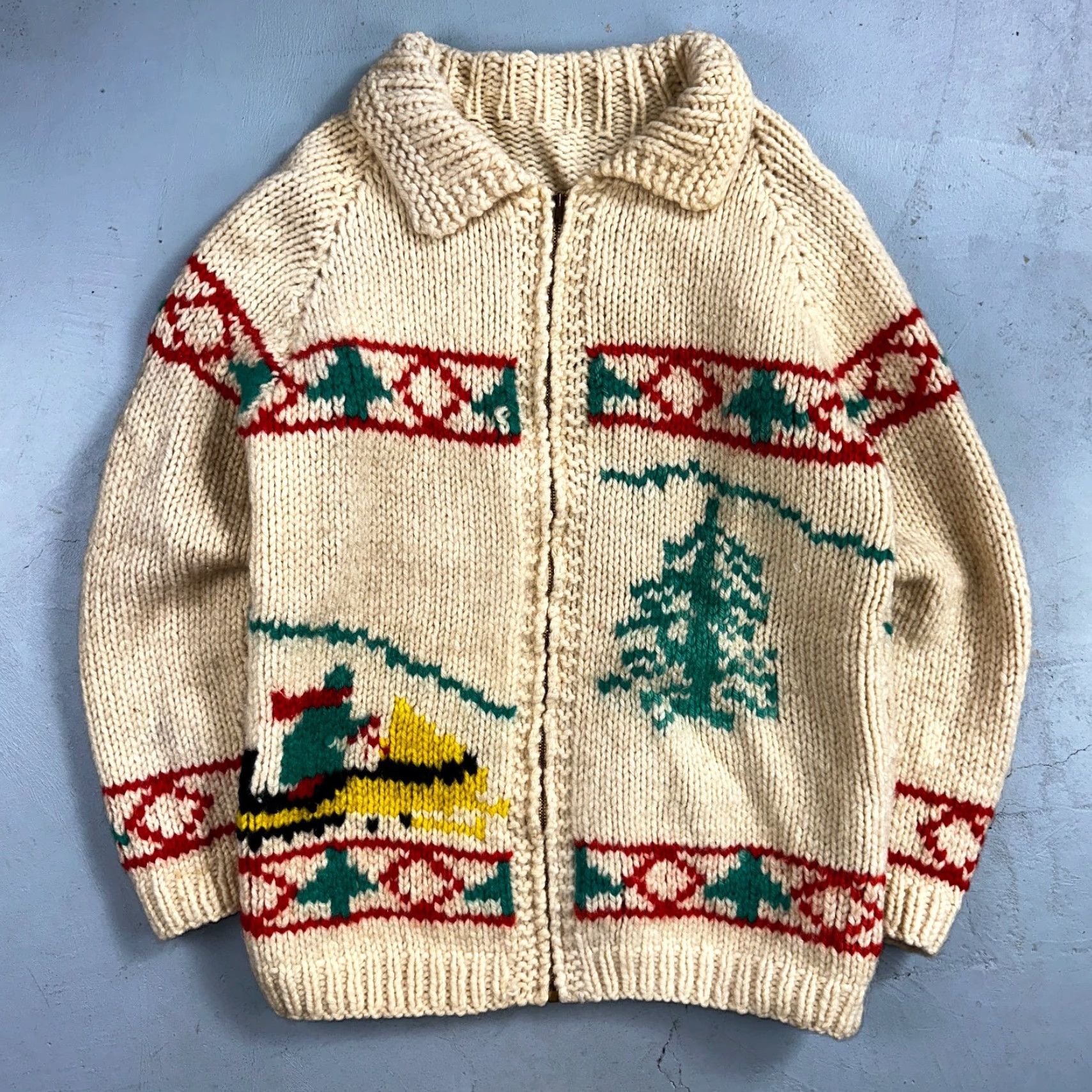 VINTAGE 1950s Handmade Cowichan Wool Full Zip Sweater Outdoor