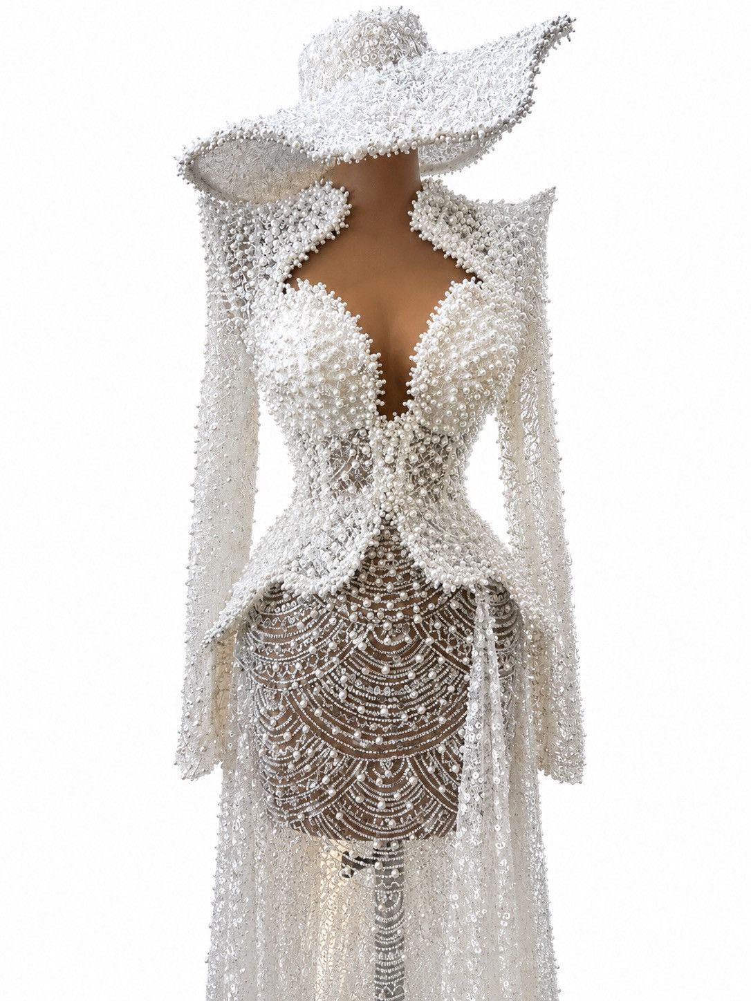 Other Luxury Pearl Gown & Crystal Hat Custom Made Haute Couture Size L / US 10 / IT 46 - 2 Thumbnail
