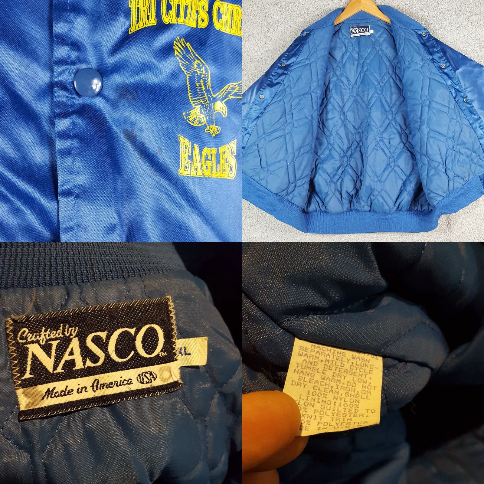 Vintage VINTAGE Nasco Windbreaker Jacket 80s 90s Satin Bomber Tri Cities Christian Eagles XL Navy Blue Logo Embroidered Full Zip Men's Jacket Size US XL / EU 56 / 4 - 8 Thumbnail