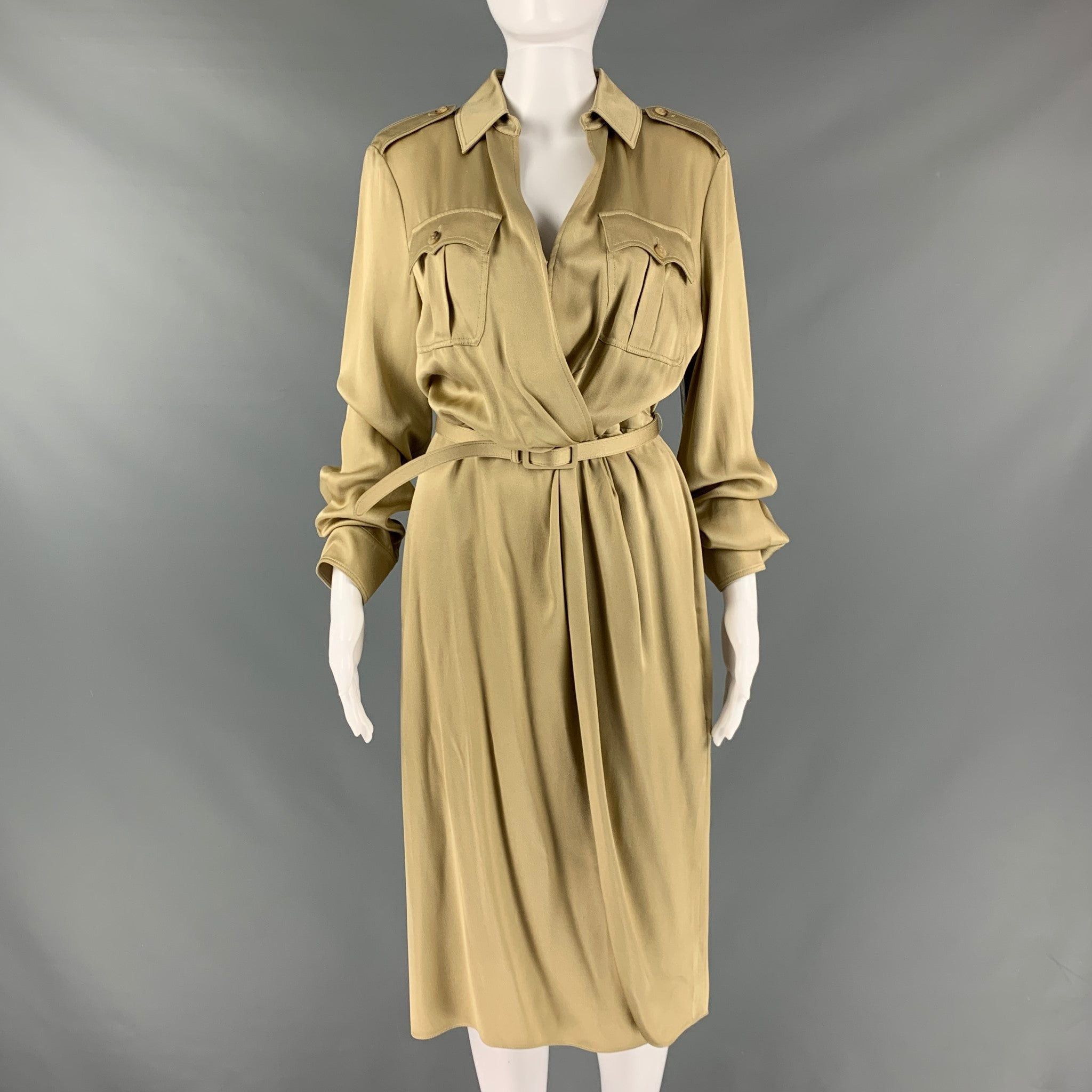 image of Ralph Lauren Gold Viscose Acetate Faux Wrap Dress, Women's (Size Medium)