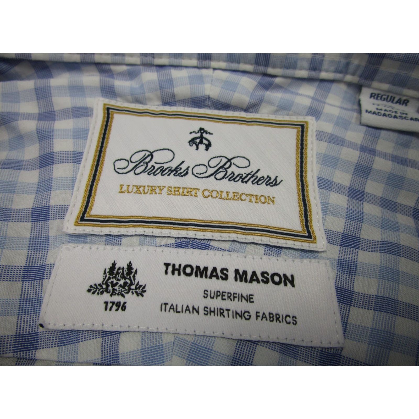 Brooks Brothers VINTAGE Brooks Brothers Dress Shirt Mens 17.5 32/33 Blue Gingham Thomas Mason Cotton Size 48R - 4 Thumbnail