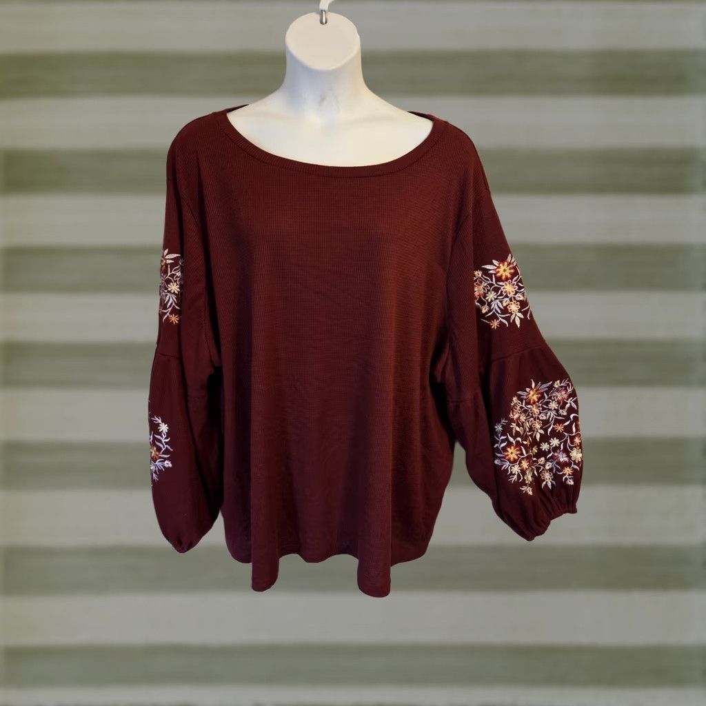 Vintage Bloomchic Burgundy Embroidered Floral Waffle Knit Balloon Sleeve Top 30 6X Plus Red Women's Blouse Long Sleeve Round Neck Casual Travel Party/Cocktail Size 4XL / US 24-26 - 1 Thumbnail