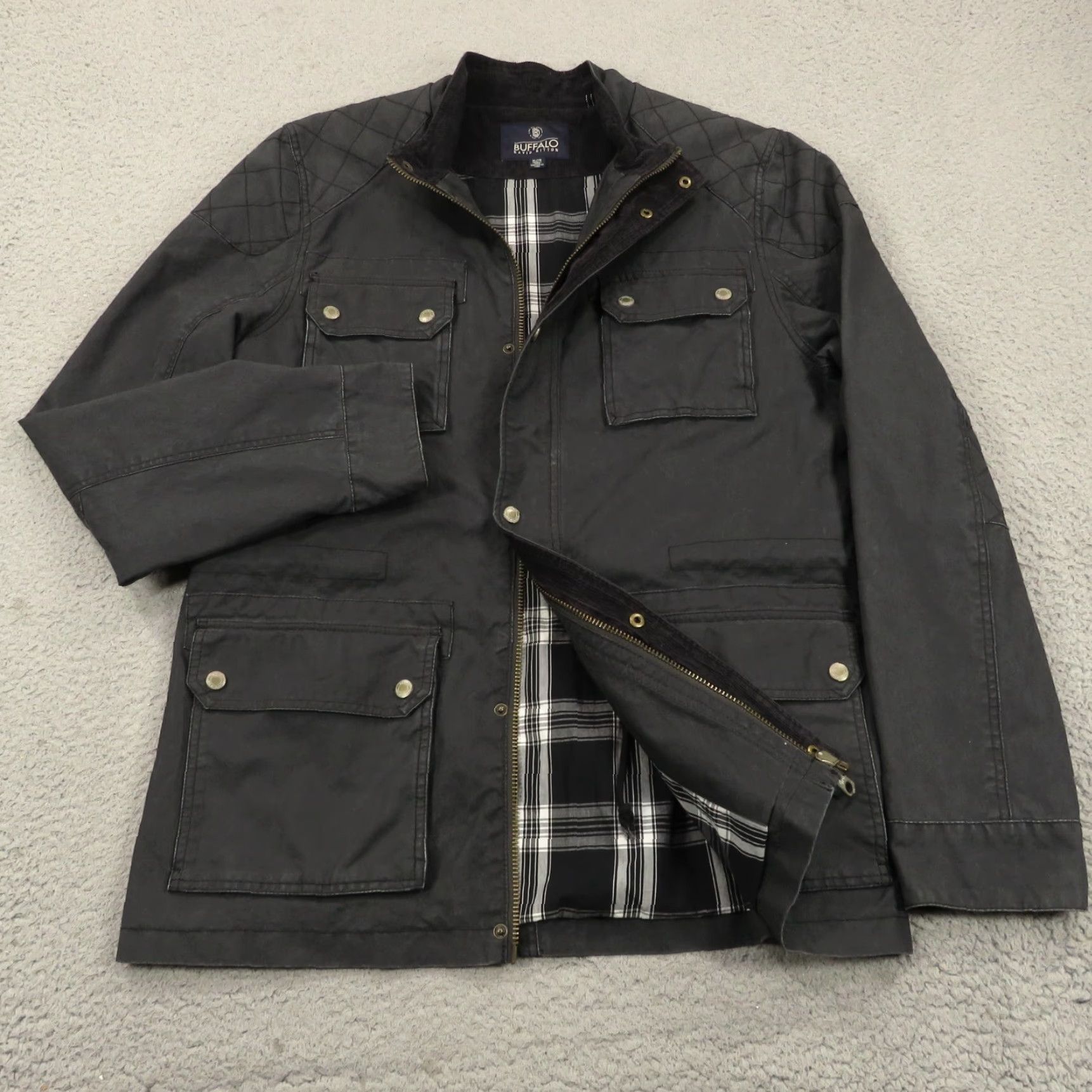 Buffalo by David Bitton Mens Field Jacket XL Black Military Chore Plaid Lined Corduroy Collar Buffalo