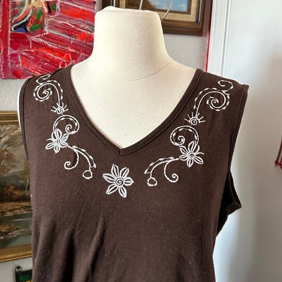 Other agenda brown floral white embroidered tank top Size M / US 6-8 / IT 42-44 - 2 Thumbnail