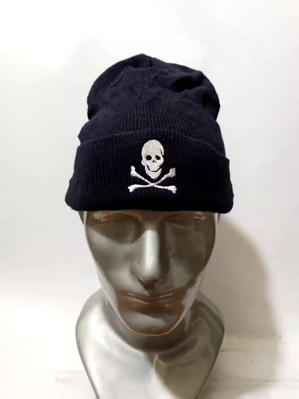 image of Skull Skeleton Embroidery Design Punk Bondage Beanie Hats in Black, Men's