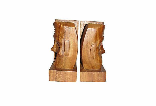 Designer 1960s Drama Face Wood Bookends Size ONE SIZE - 2 Thumbnail