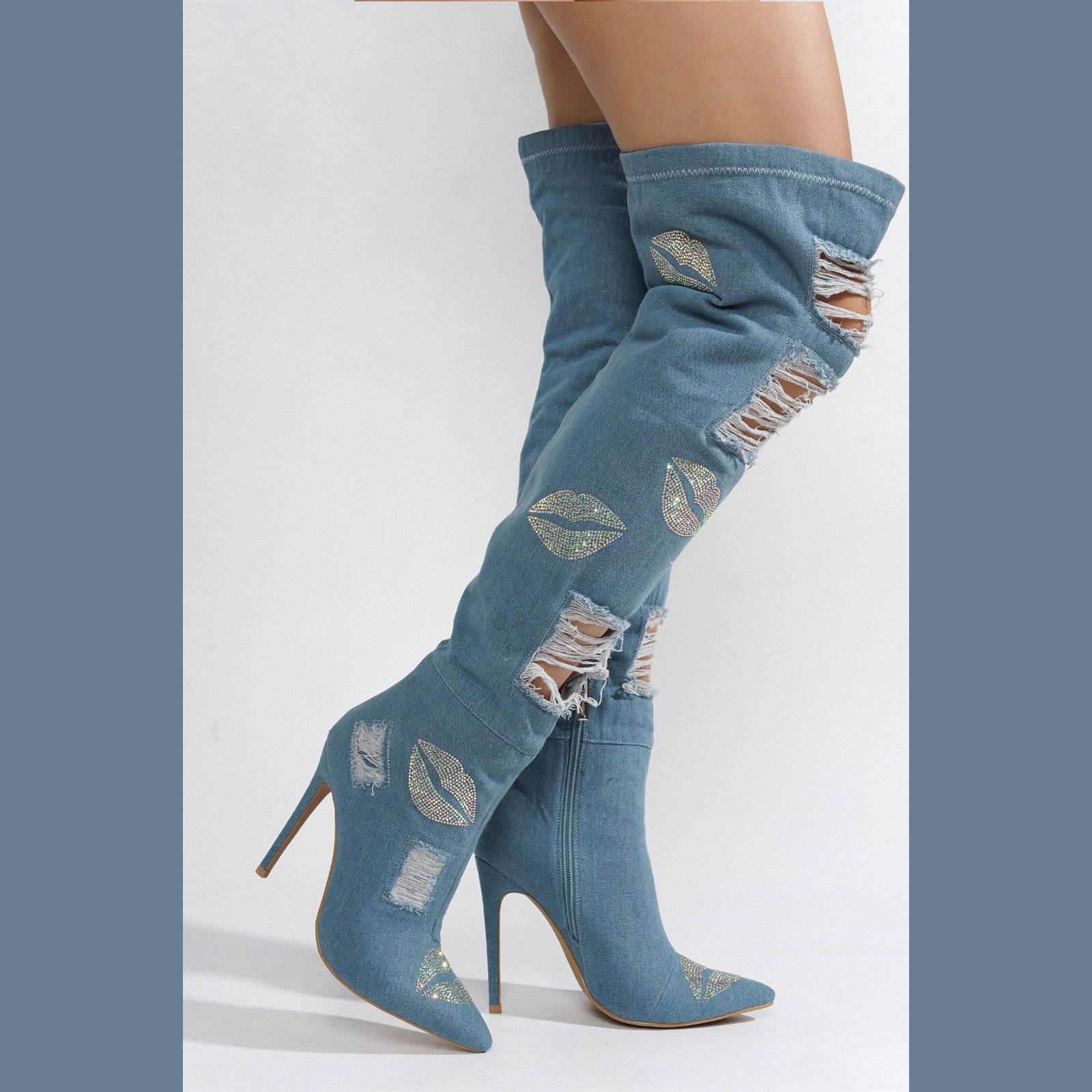 Other Kiss My - Blue Distressed Denim Thigh High Boots With Rhines Size US 9 / IT 39 - 2 Thumbnail