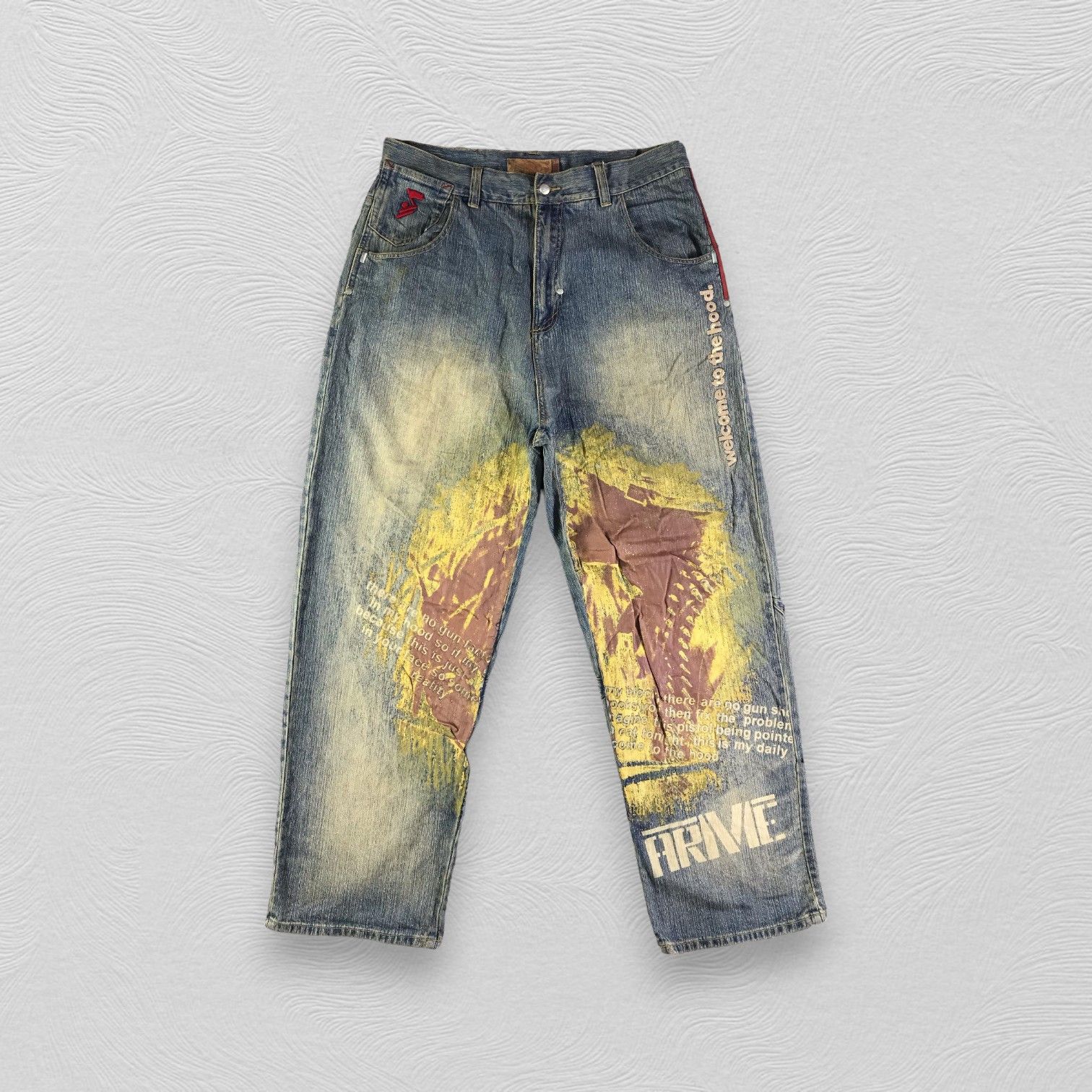 image of Vintage Welcome To The Hood Baggy Jeans Printed Denim in Blue, Men's (Size 38)