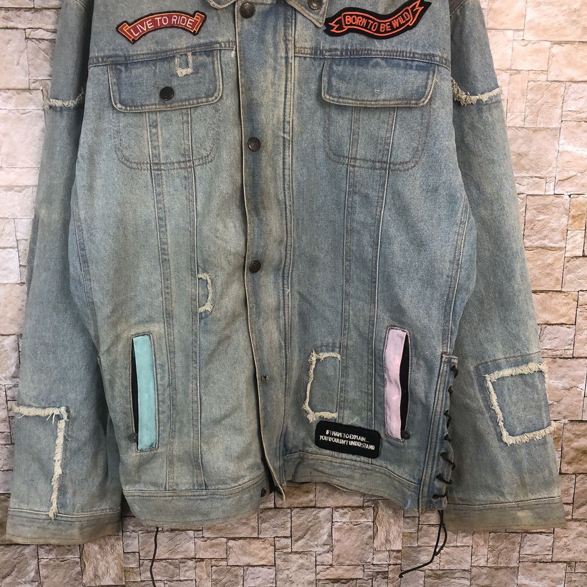 Japanese Brand Born To Wild Blue ripped patchwork Denim Jacket #A25 Size US XL / EU 56 / 4 - 3 Thumbnail