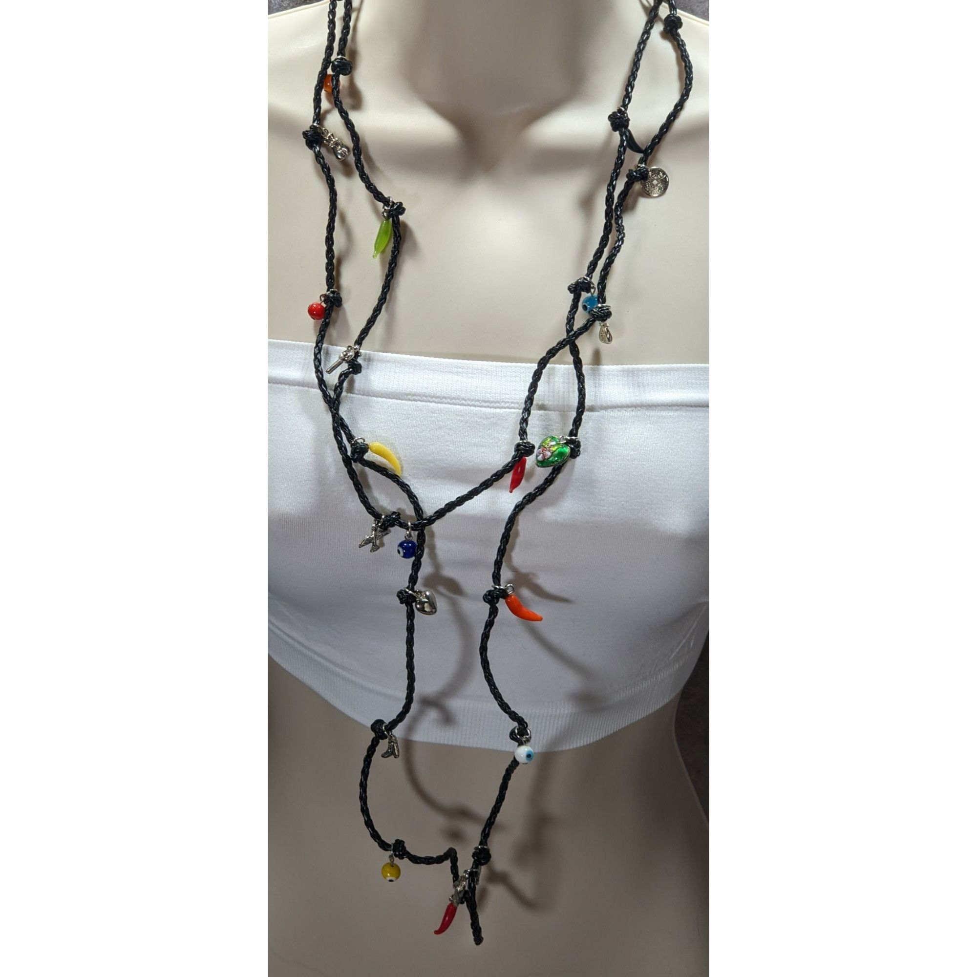 Other Vintage Glass And Metal Charm Necklace On Black Braided Cord Size ONE SIZE - 9 Thumbnail