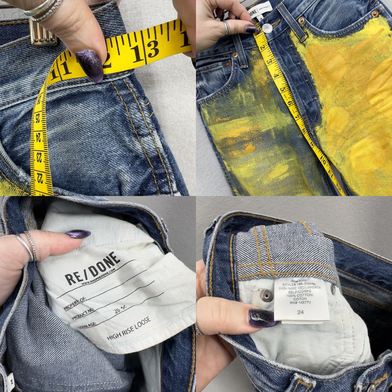 Vintage Redone Jeans Womens 24 Mid Rise Button Fly Straight Leg Painted Boho Denim Blue 5-Pocket Design Style Straight Vintage No Brand Redone Size 42" / US 20 - 8 Thumbnail