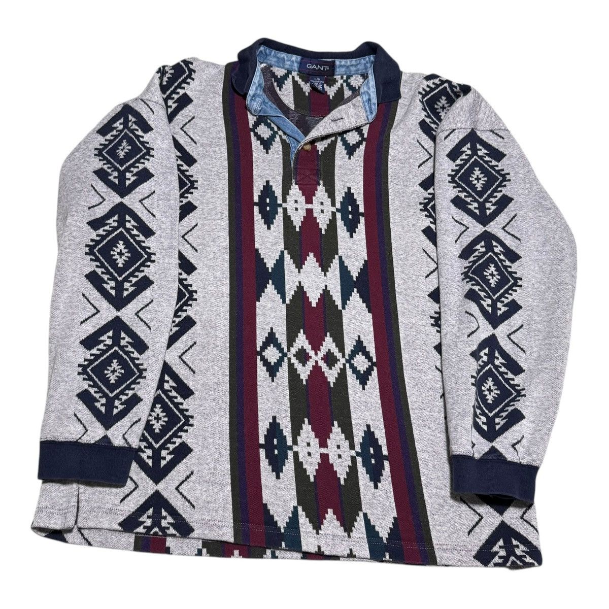 Gant × Vintage Vintage 90s Gant Aztec Printed Collared Sweatshirt Adult L Size US L / EU 52-54 / 3 - 1 Thumbnail