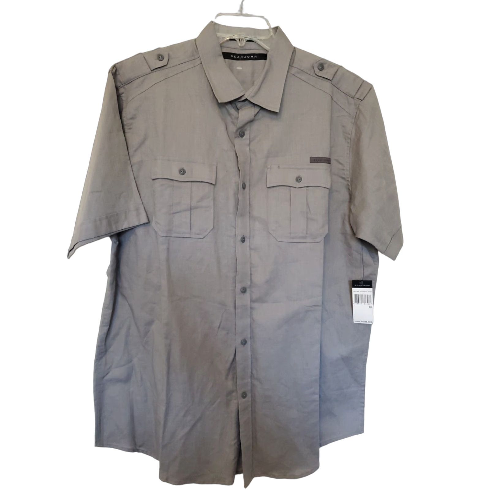 Sean John Men's XL Short Sleeve Button-Up Shirt Gray Military