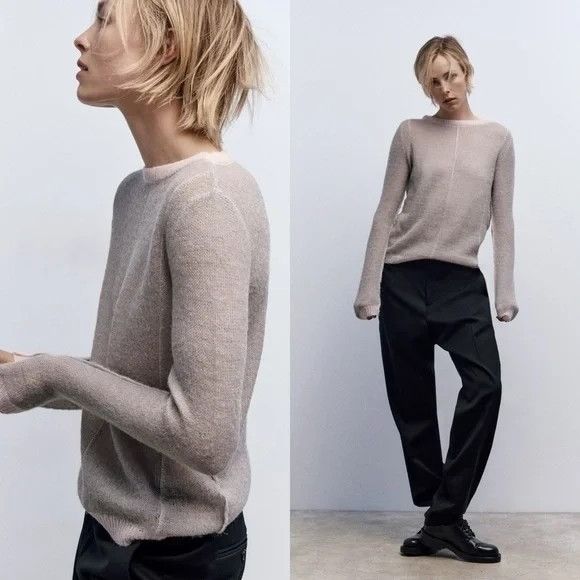 Zara Zara Pearl Grey & Pink Alpaca Wool Blend Crewneck Sweater Size S / US 4 / IT 40 - 1 Thumbnail