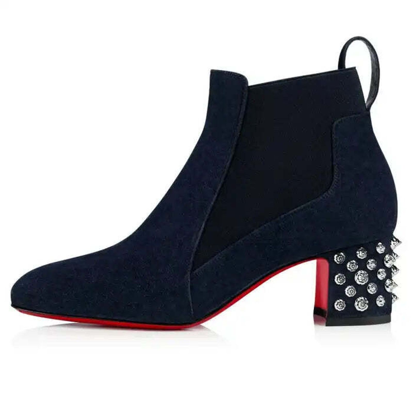 Christian Louboutin Study 55 Blue Suede Silver Spike Block Heel Ankle Boot 37 Size US 7 / IT 37 - 3 Thumbnail