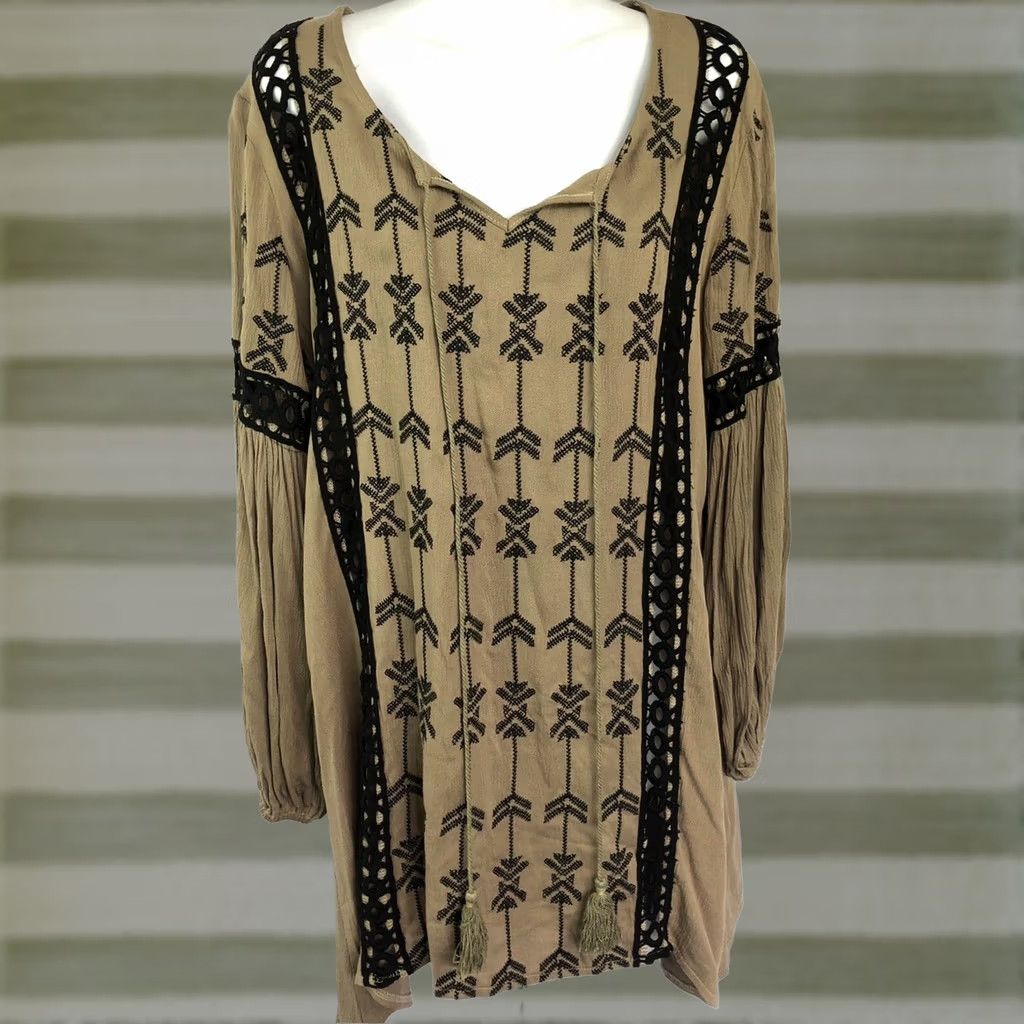 Vintage VELZERA Mini Dress S Brown Geo Tie ScoopNeck Hippie Boho Peasant Beach Cover Up Size S / US 4 / IT 40 - 1 Thumbnail