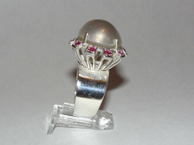 Designer Sterling Silver Pearl and Ruby Cocktail Ring Alberto Juan Size ONE SIZE - 3 Thumbnail