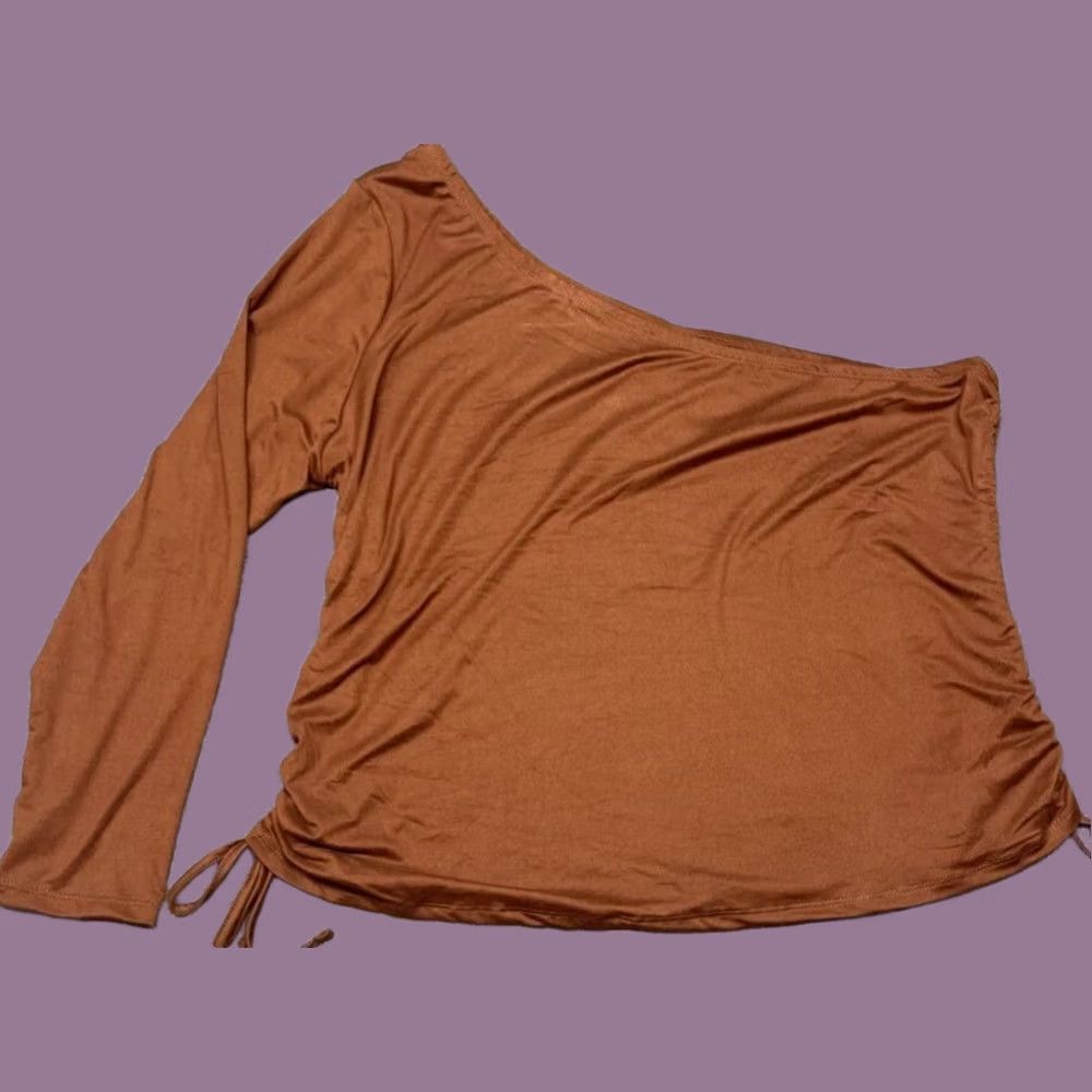 Vintage Rue21 Blouse Womens Plus 4X Brown One Shoulder Long Sleeve Ruched Drawstring New Size XXL / US 16-18 / IT 52-54 - 1 Thumbnail