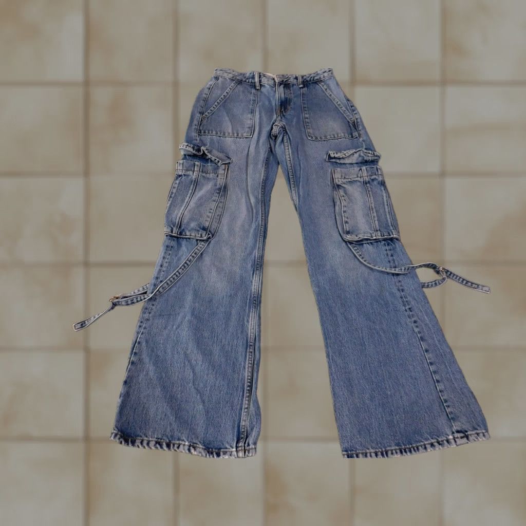 Zara Zara Jeans Womens 0 Blue Cargo Wide-Leg Denim Pocket Zipper Pockets Distressed 31in Inseam Size 25" / US 0 / IT 36 - 1 Thumbnail