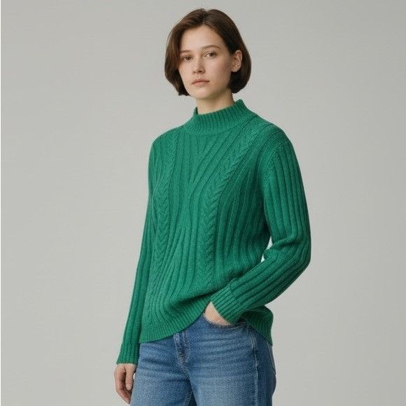 Vintage Vintage Kelly Green Cable-Detail Mock-Neck Sweater Size M / US 6-8 / IT 42-44 - 1 Thumbnail