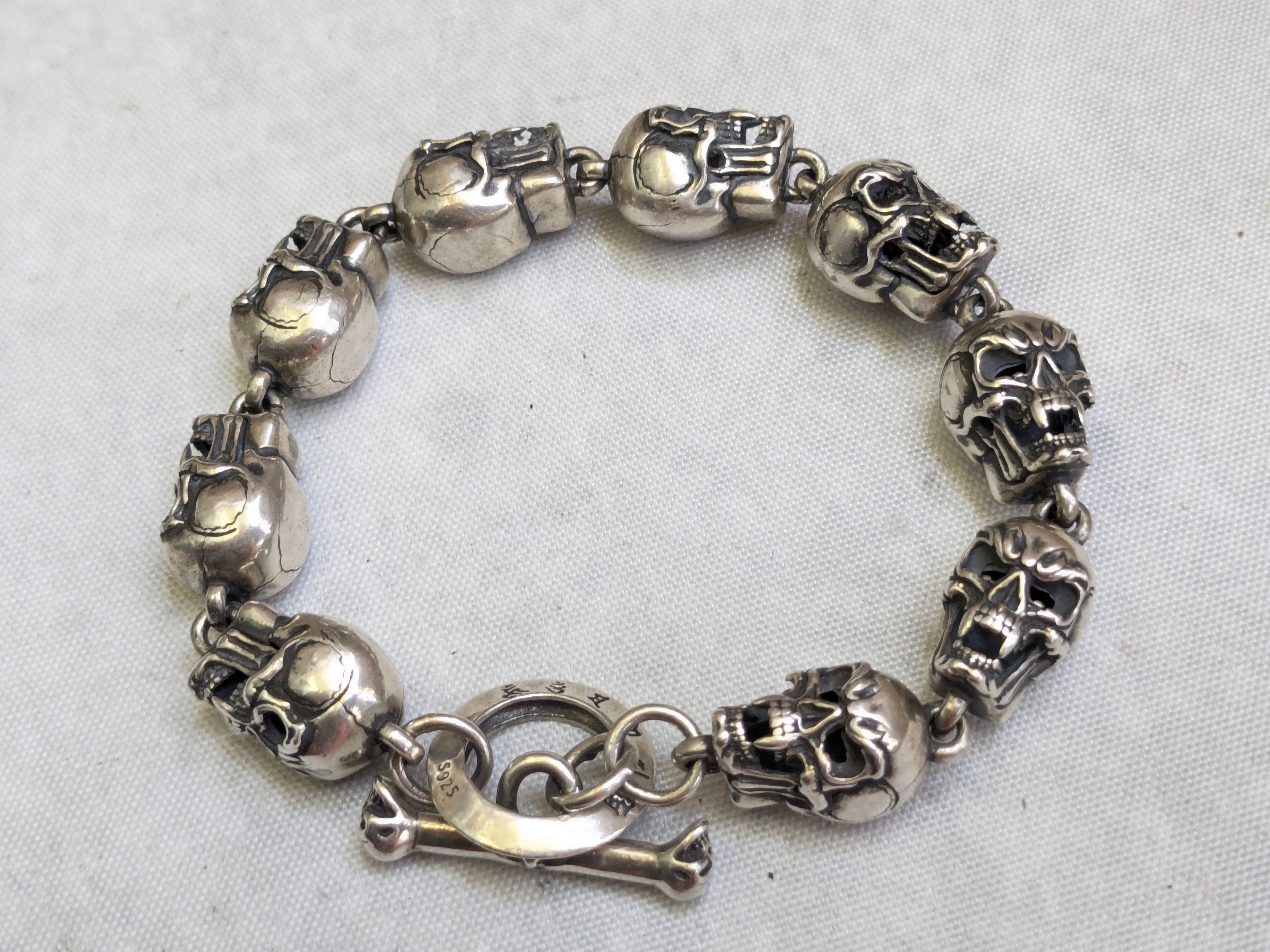 Jewelry Sterling Silver Skull Bracelet 6.75" Biker Punk Skeleton Size ONE SIZE - 3 Thumbnail