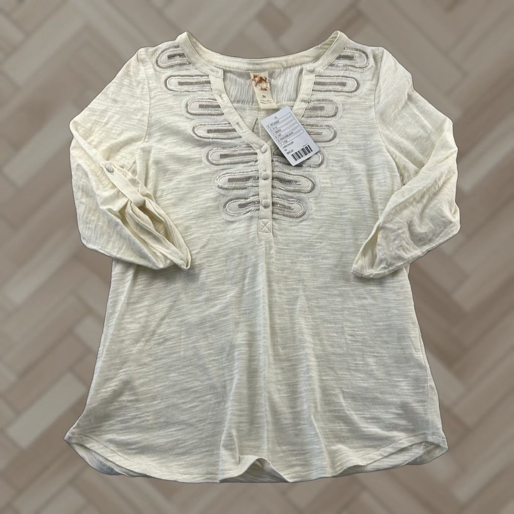 Anthropologie VINTAGE Anthropologie 3/4 Sleeve Button Front Jeweled Top Women's M Ivory Beige Blouse Womens Size M / US 6-8 / IT 42-44 - 1 Thumbnail