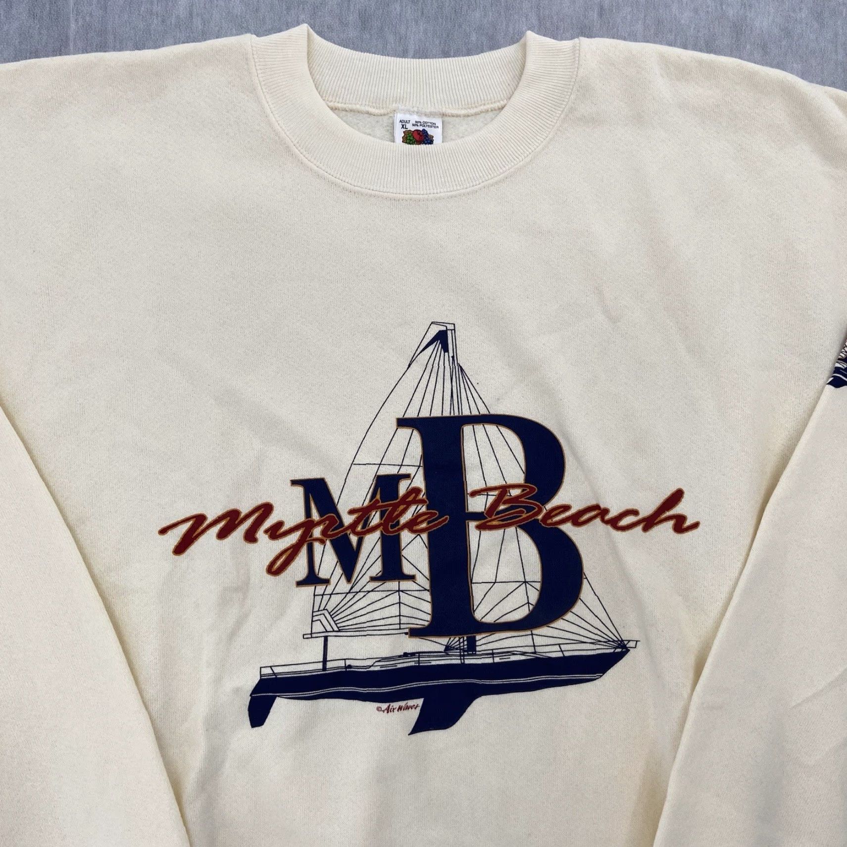 Fruit Of The Loom Vintage Myrtle Beach Sweatshirt Unisex Adult XL Ivory Sailboat Beach Air Waves Cotton Pullover Size XL / US 12-14 / IT 48-50 - 3 Thumbnail