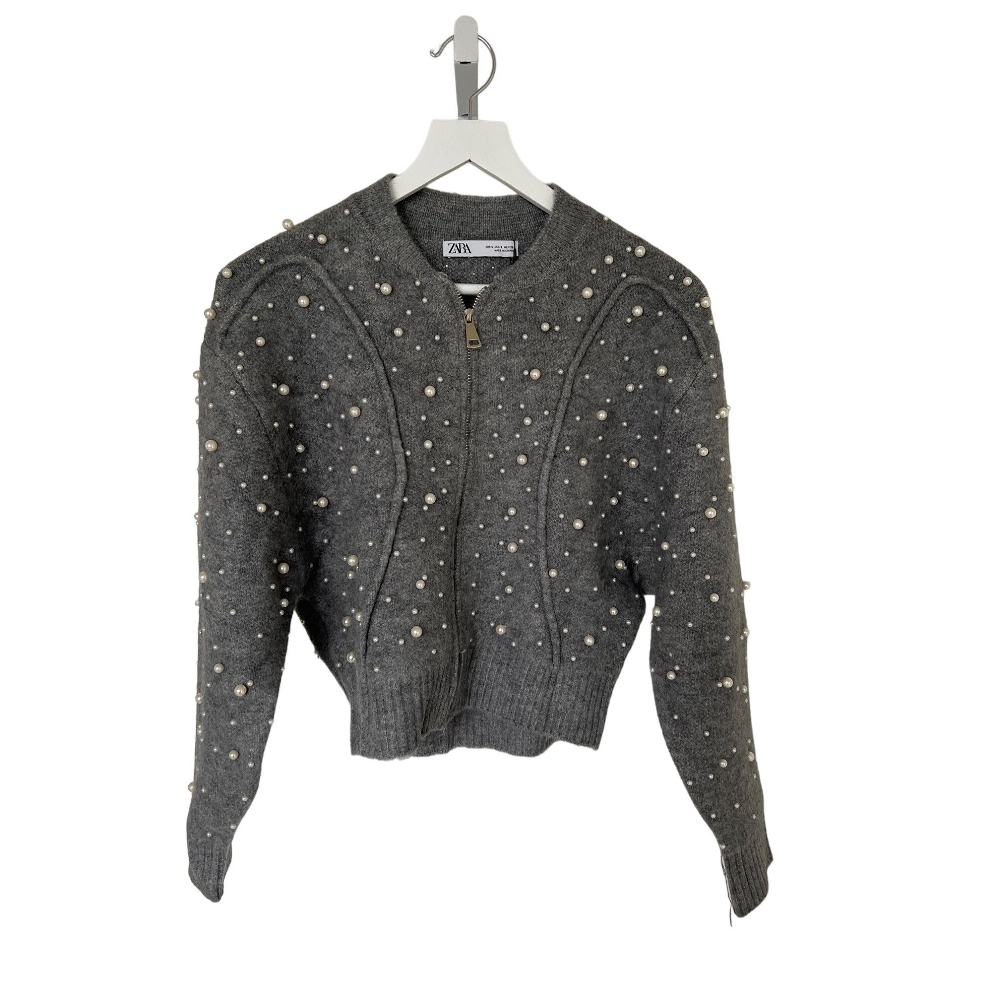 Zara Zara Grey Pearl-Embellished Bomber Zip Cardigan Size S / US 4 / IT 40 - 9 Thumbnail