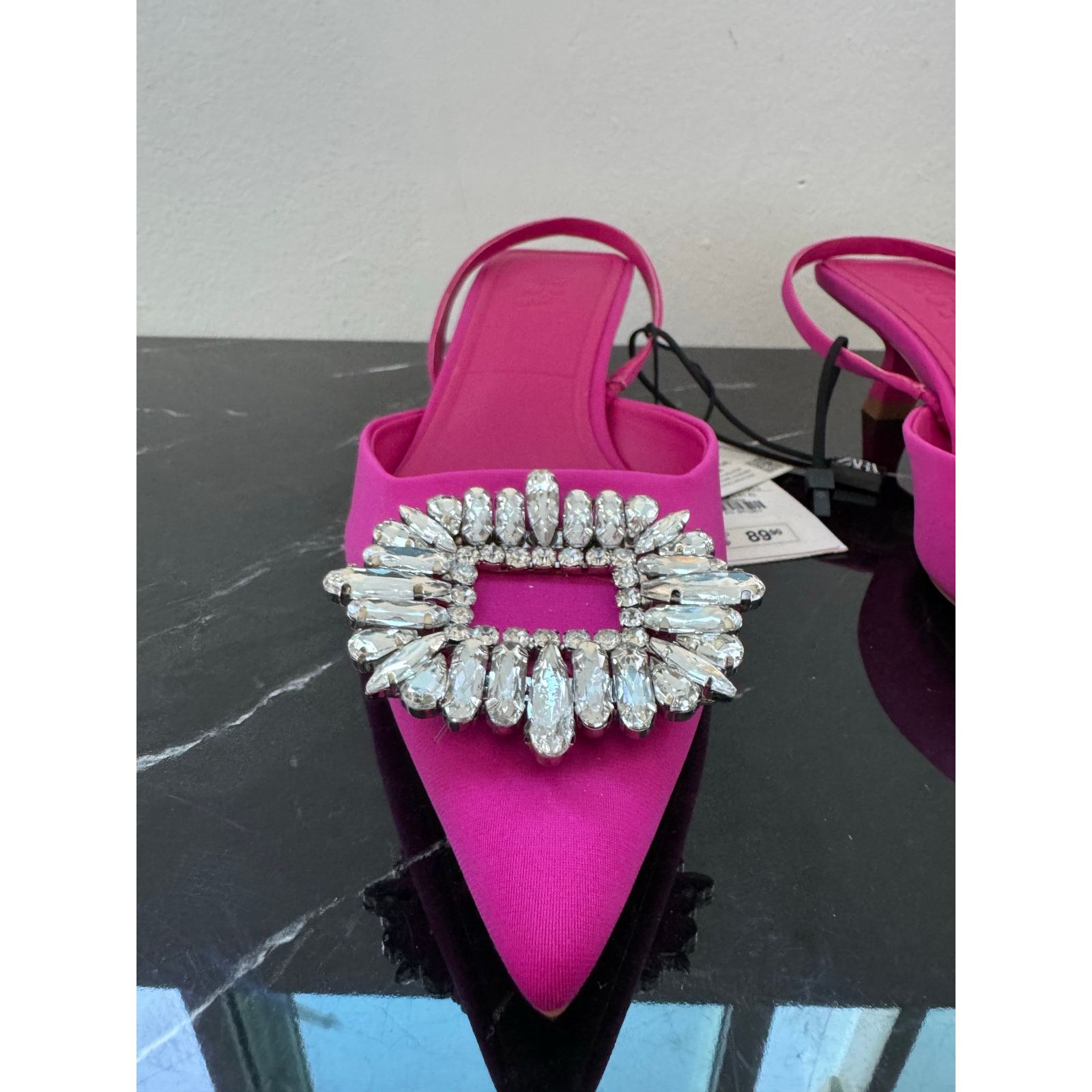 Zara Zara Hot Pink Rhinestone Pointed Toe Slingback Kitten Heel Size US 9 / IT 39 - 4 Thumbnail