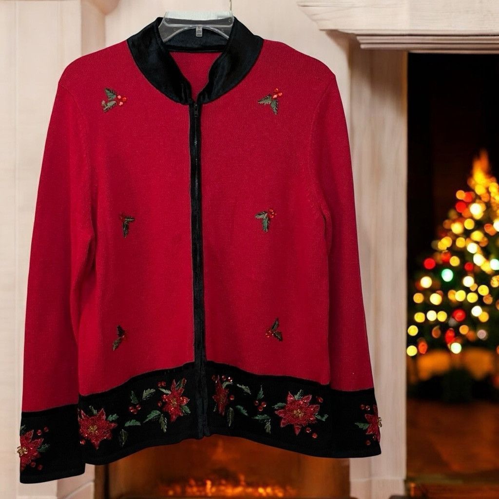 Vintage Y2K Christmas Holiday Cardigan Sweater Zip Up Shacket Sz M/L Size L / US 10 / IT 46 - 1 Thumbnail
