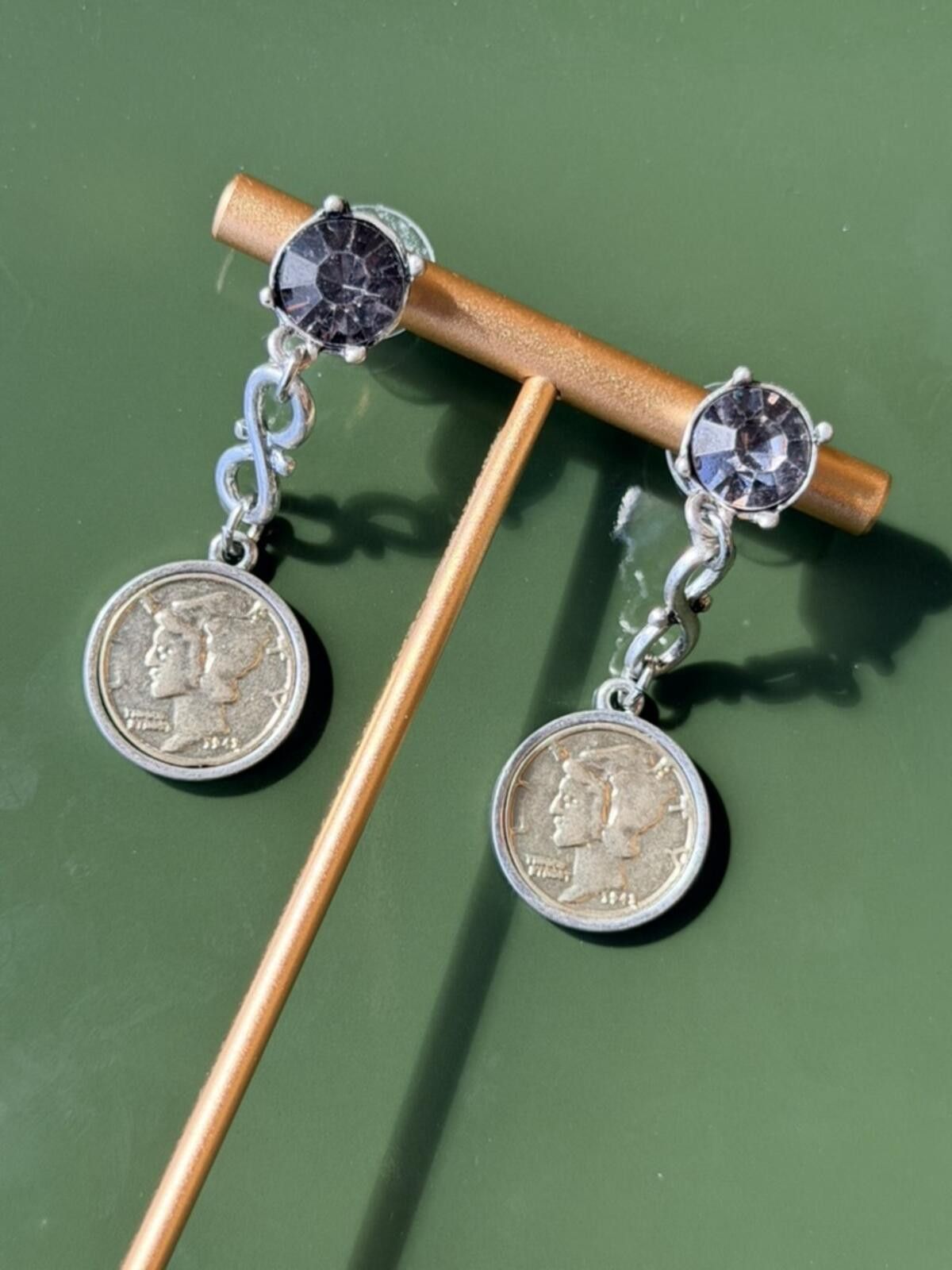 Other Y2K Mercury Dime Coin Drop Earrings Purple Rhinestone Size ONE SIZE - 5 Thumbnail