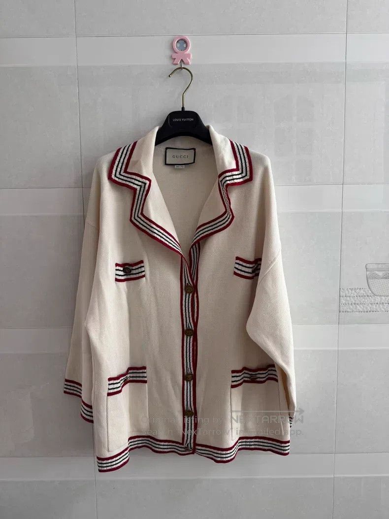 Gucci Gucci Beige, white, black and red webbing knitted cardigan Size XS / US 0-2 / IT 36-38 - 1 Thumbnail