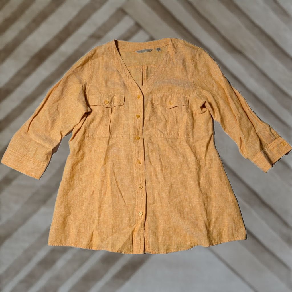Orvis Orvis Linen Women Medium Orange V-Neck 3/4 Sleeves Button-Up Shirt Size M / US 6-8 / IT 42-44 - 1 Thumbnail