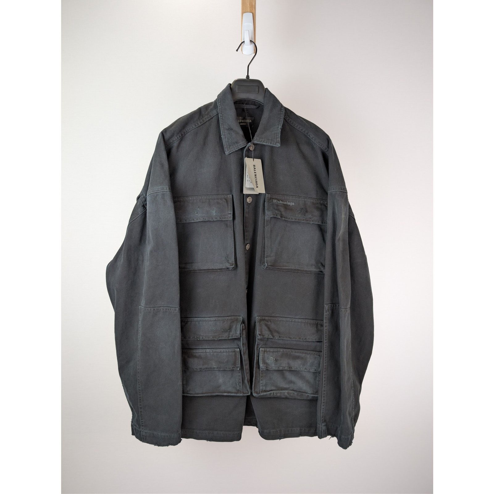 Balenciaga o1rshd1 Left-Hand Denim Cargo Shirt in Sunbleached Black Size US M / EU 48-50 / 2 - 1 Thumbnail