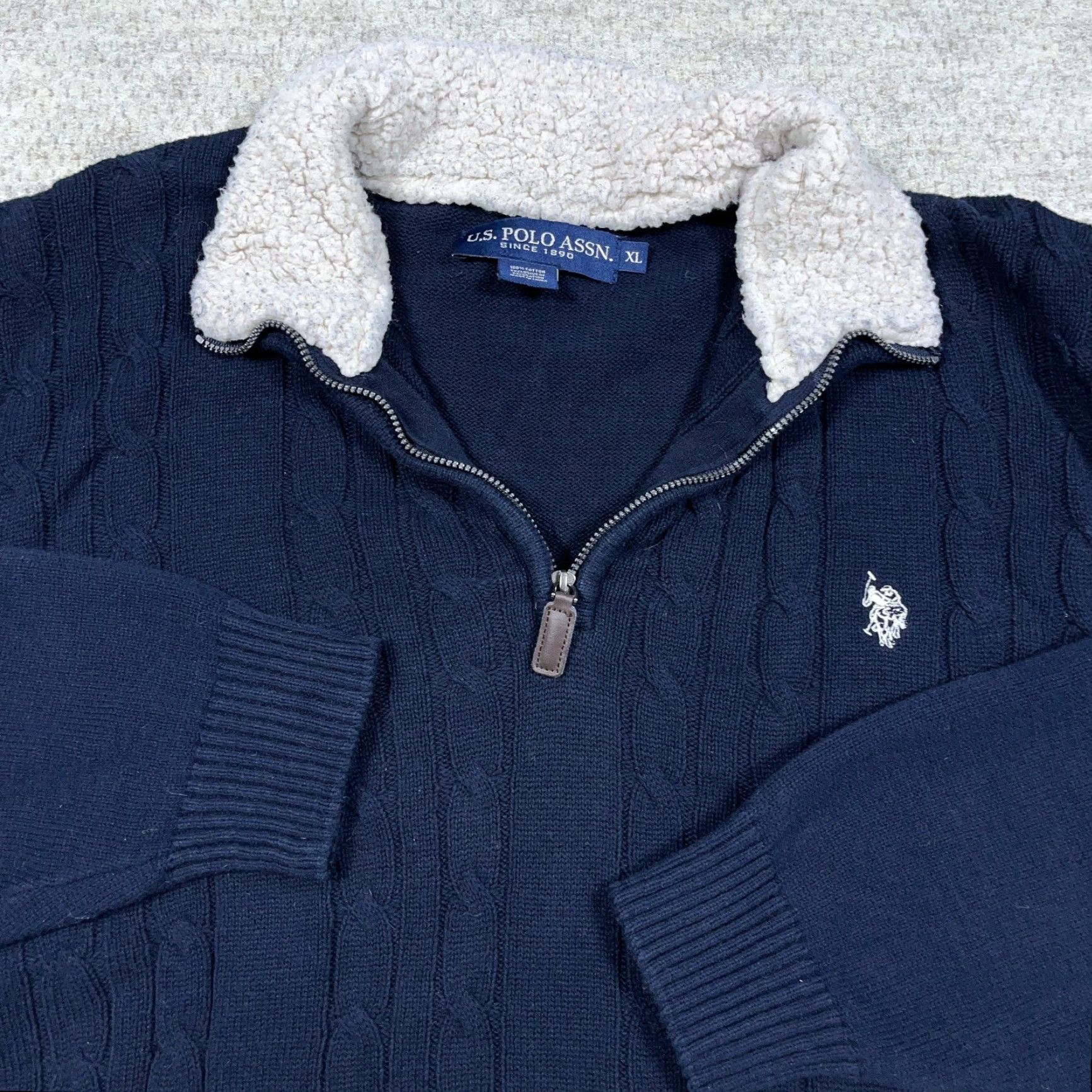 Vintage US Polo Assn Sweater Men XL Navy Blue Pullover Cable Knit Grandpa Quarter Zip Size US XL / EU 56 / 4 - 2 Thumbnail