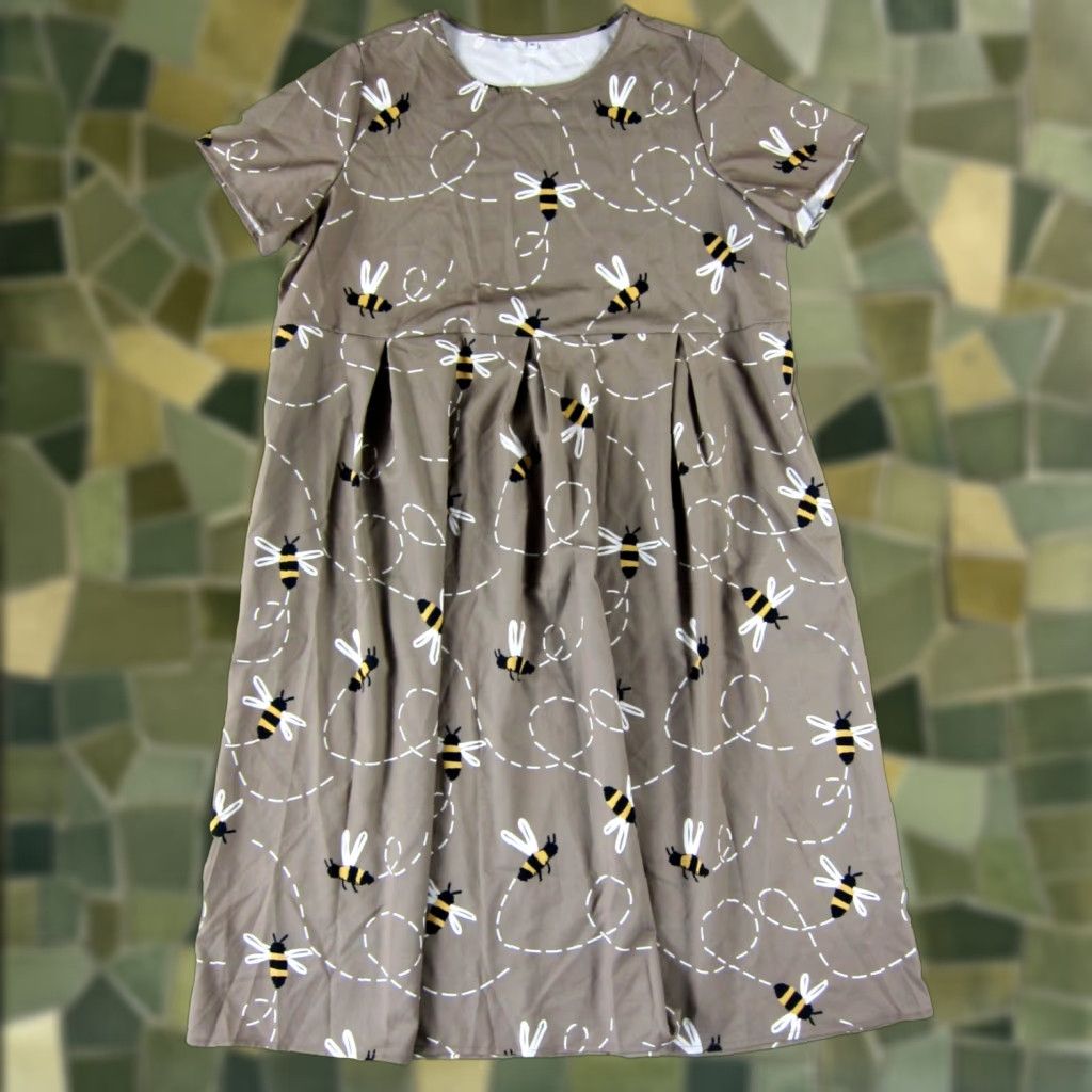 Vintage Bumble Bee Brown White Yellow Short Sleeve Pocket Long Maxi Smock Sun Dress 3XL Size 40" / US 18 - 1 Thumbnail