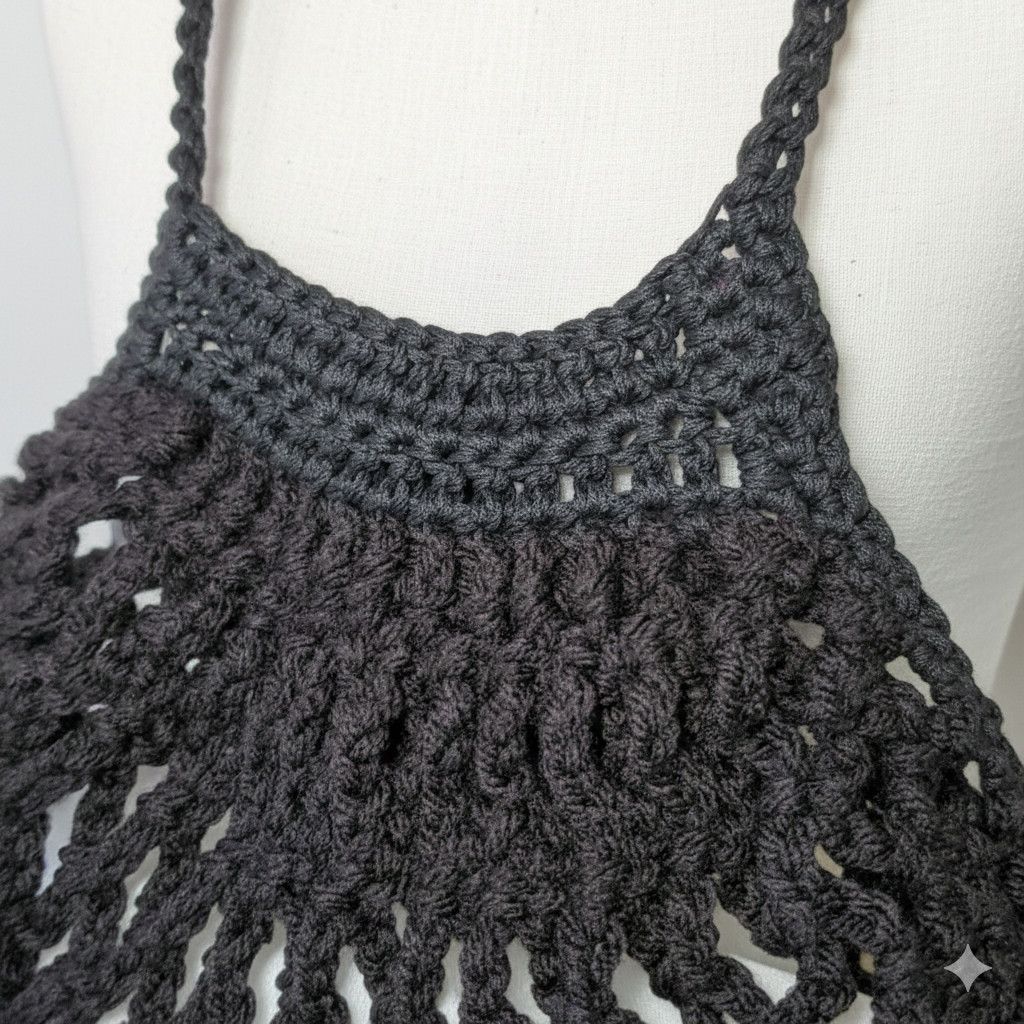 Handmade Handmade Black Net Bag Farmers Market Crochet French Sack Size ONE SIZE - 8 Thumbnail
