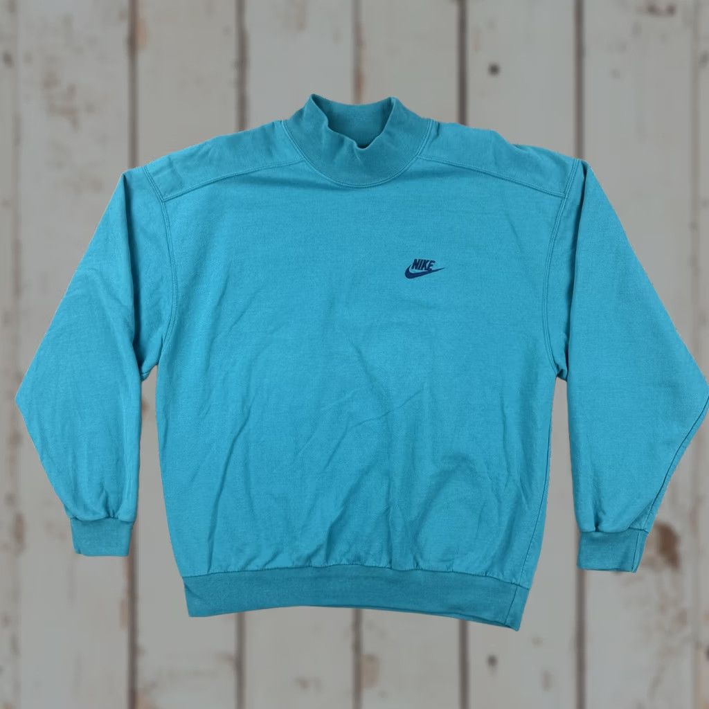 Nike VINTAGE Nike 90s Mens XL Sweatshirt Turquoise Green Blue Mock Neck Long Sleeve Pullover Embroidered Logo Crew Neck Cotton Knit All Seasons Sportswear Size US XL / EU 56 / 4 - 1 Thumbnail