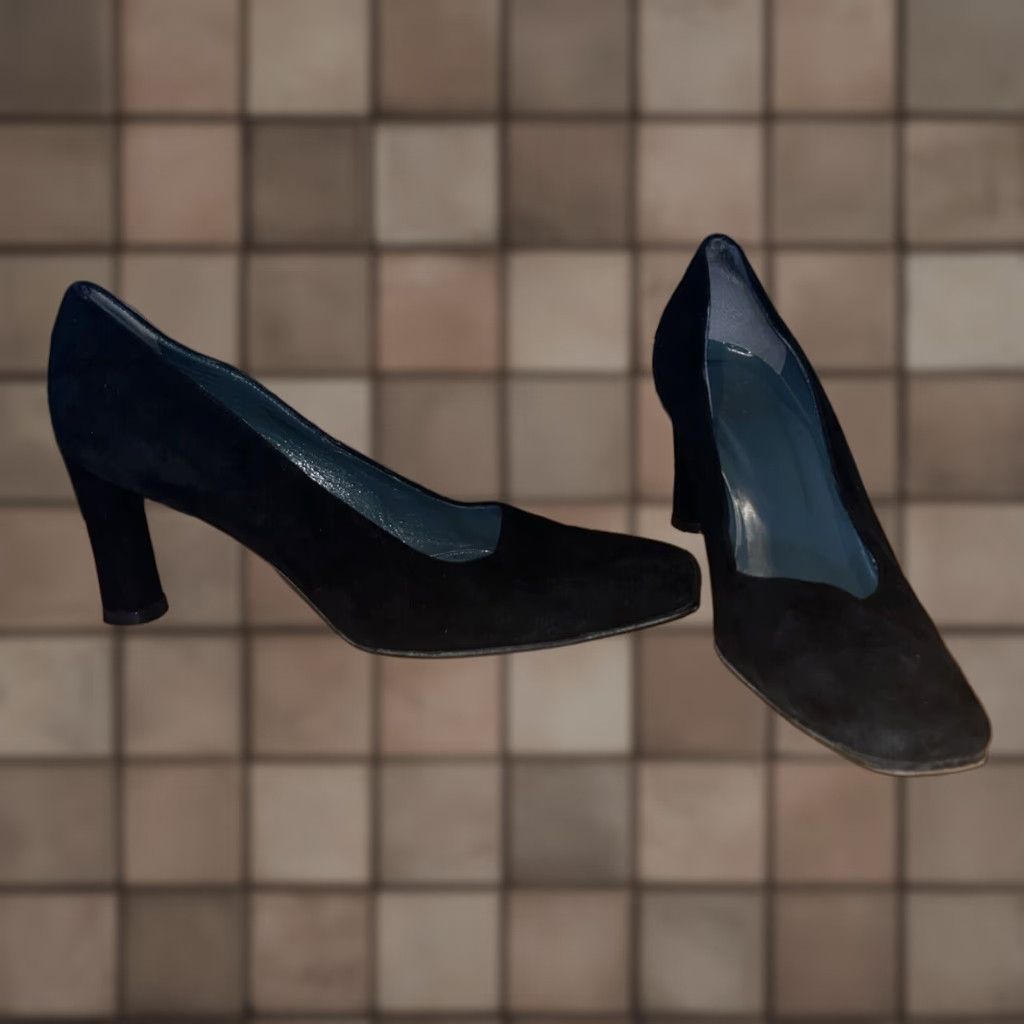 Vintage VINTAGE Joan & David Women's High Heel Pump Square Toe Slip-On Black Suede 7.5M Retro Wedding Formal Dress Shoes Size US 5.5 / IT 35.5 - 1 Thumbnail
