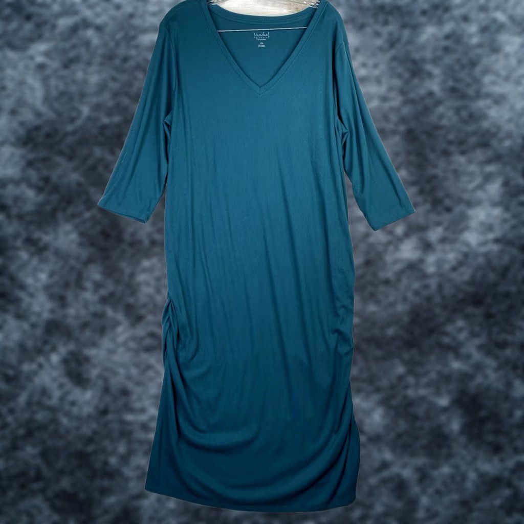 Vintage Isabel Maternity By Ingrid & Isabel Dress 2XL Green 3/4 Sleeve Side Ruching V-Neck Shirt Dress Womens Size XXL / US 16-18 / IT 52-54 - 1 Thumbnail