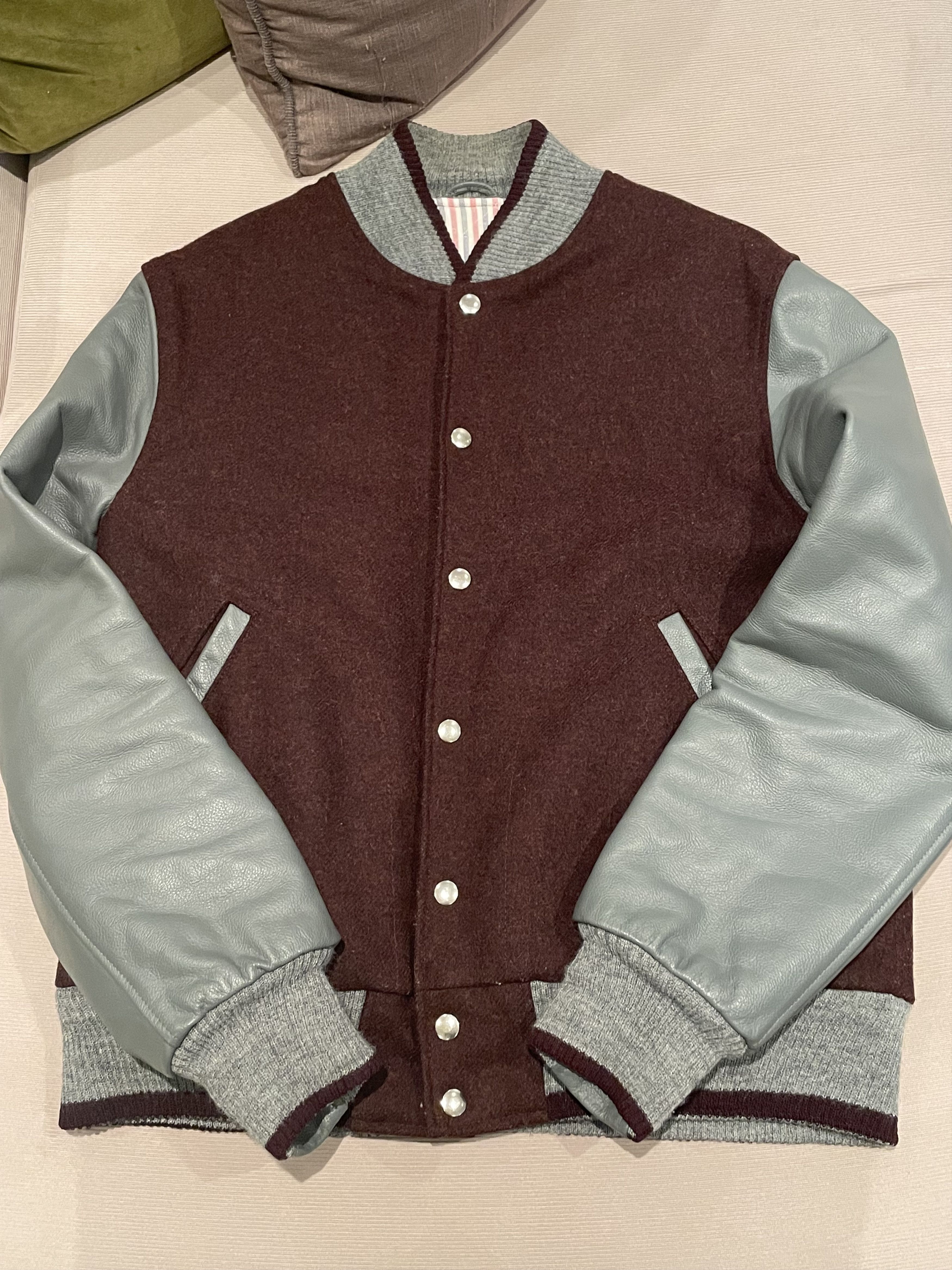 Thom Browne VARSITY JACKET W/ LEATHER SLEEVES IN MACKINTOSH