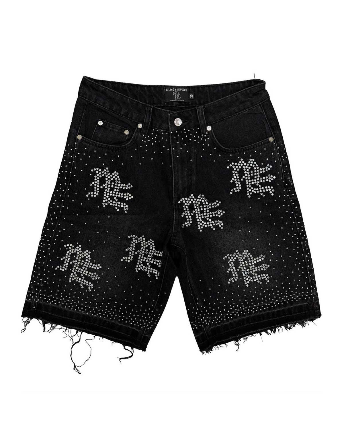 Other Mixed Emotions "ME" Rhinestone Denim Shorts Black Size US 30 / EU 46 - 1 Thumbnail