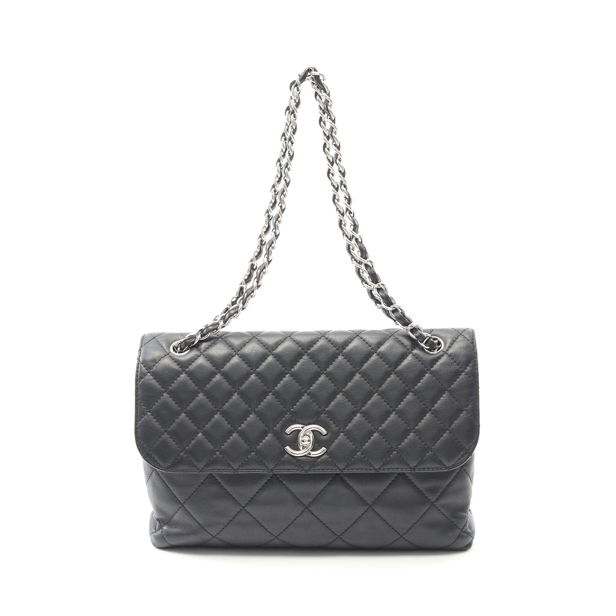 Chanel Matelasse Double Chain Shoulder Bag Lambskin Black Silver Hardware, Women's