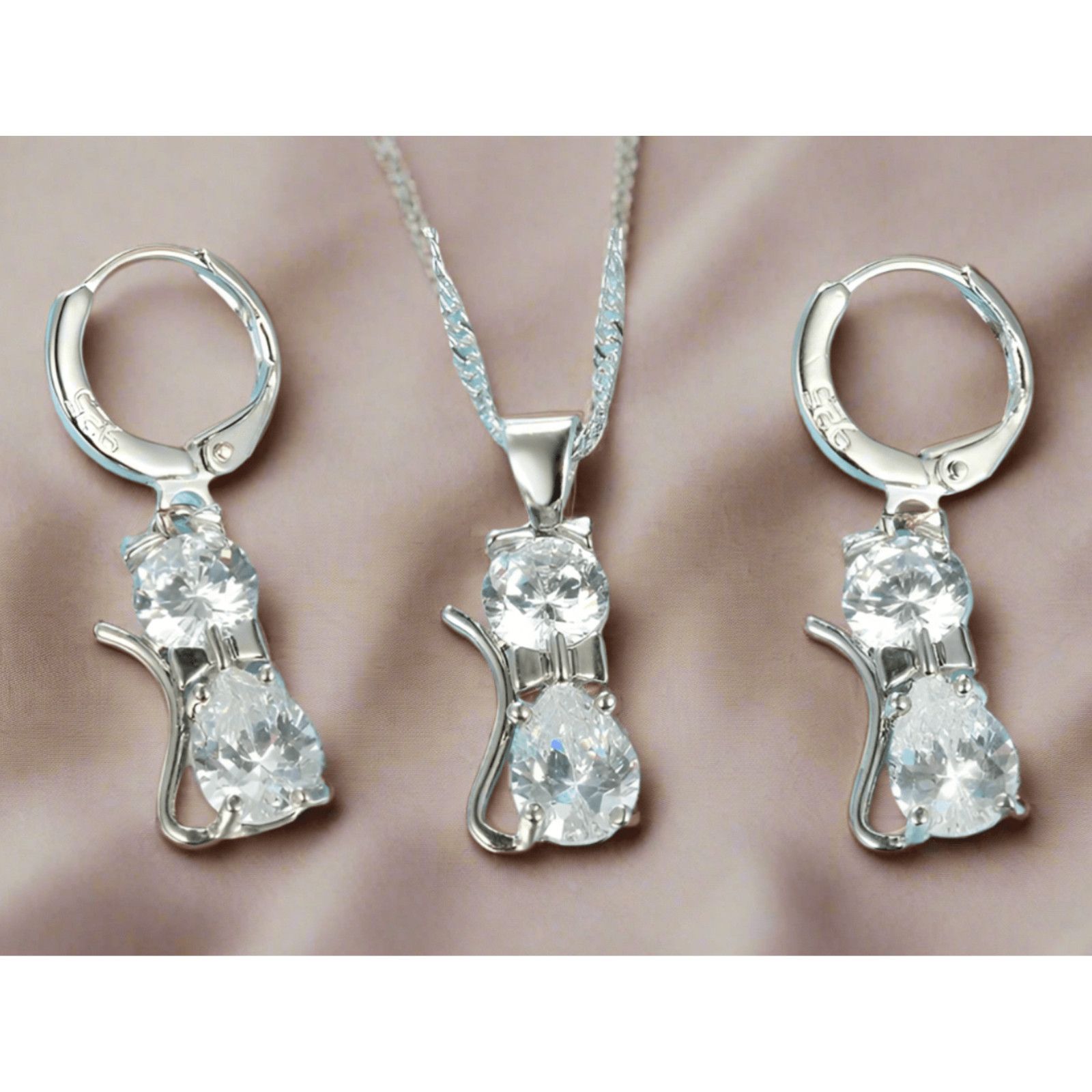 Designer Pink Crystal Cat Earrings Silver Huggie Dangle Earrings Size ONE SIZE - 6 Thumbnail