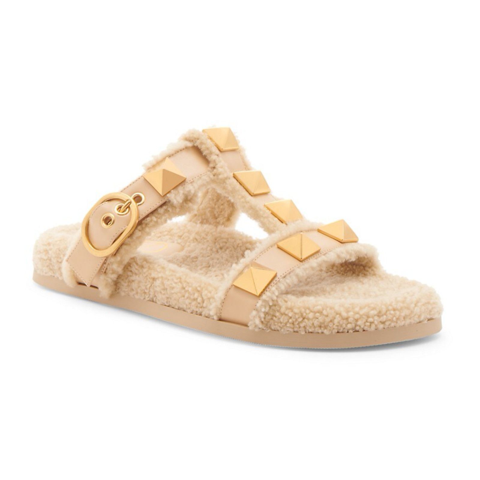 Valentino Valentino Rockstud Roman Stud Shearling Fur Beige Gold Size US 7.5 / IT 37.5 - 5 Thumbnail