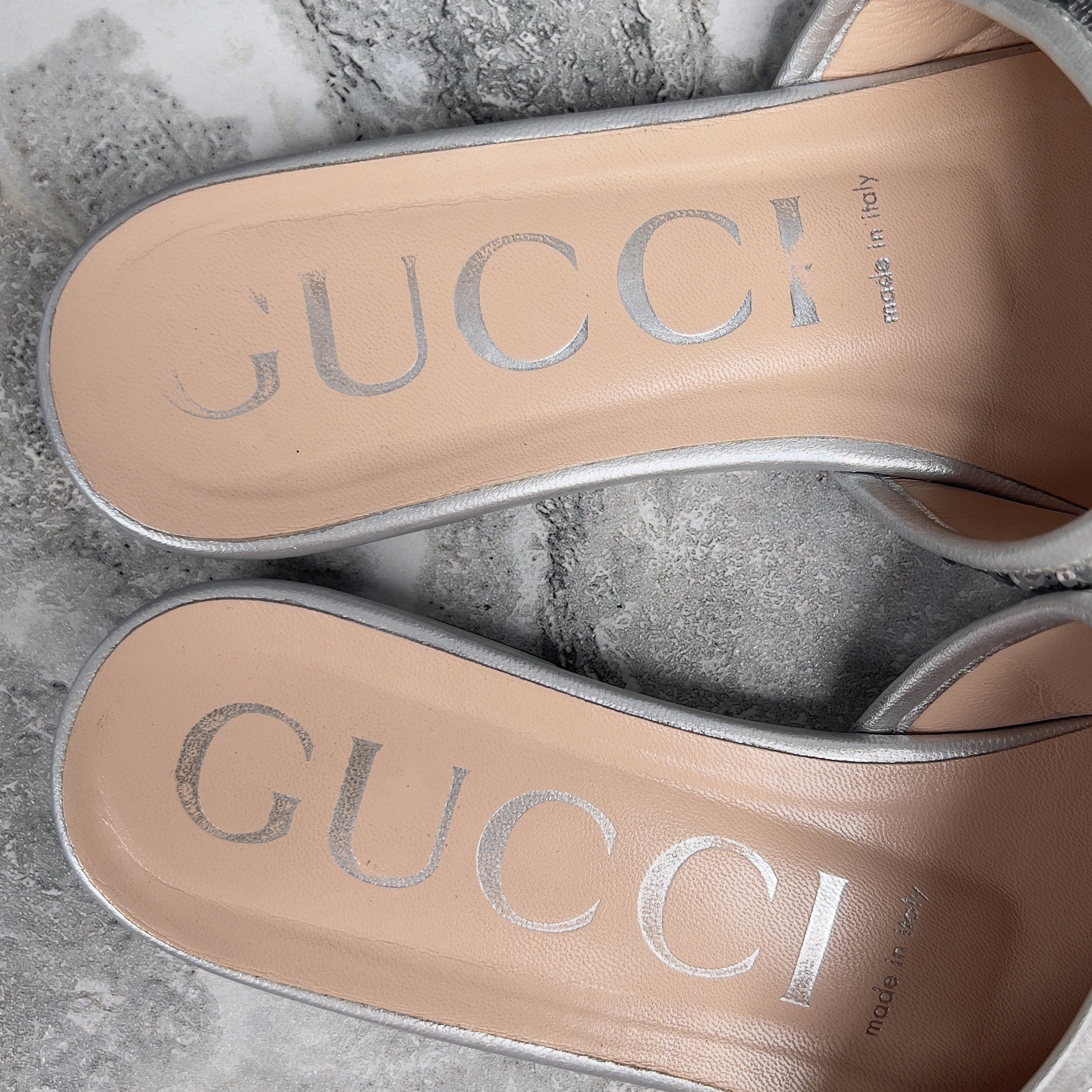 Gucci Marmont GG Slide Sandals Mule Silver Leather Sequin Size US 9 / IT 39 - 10 Thumbnail