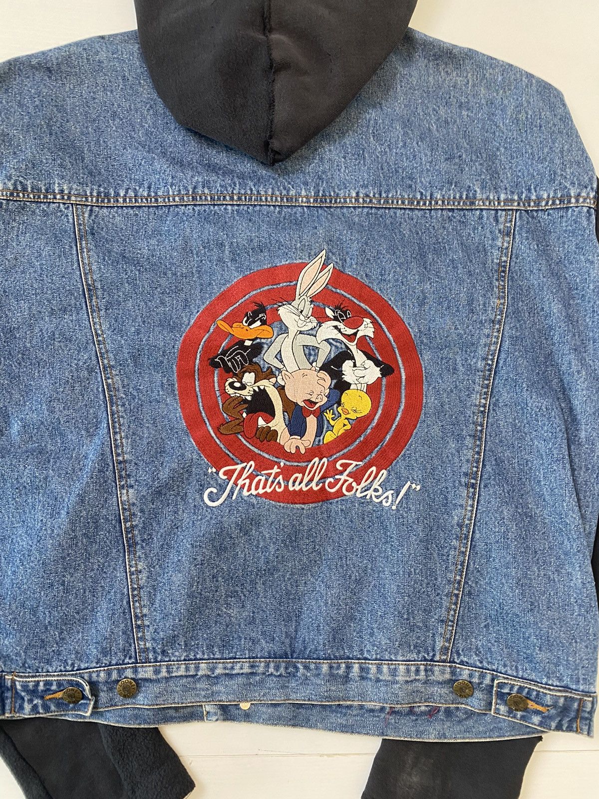 Other Looney Tones sweatshirt jacket, L, blue/black denim, used Size US L / EU 52-54 / 3 - 11 Thumbnail